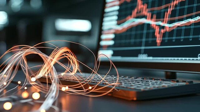 Digital Stock Ticker Tangled Around Trader in Market Chaos