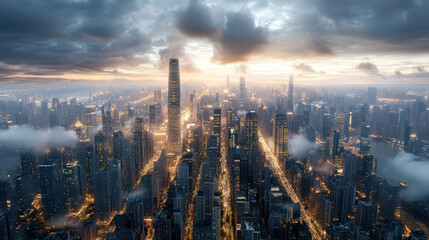 Fototapeta premium breathtaking aerial view of futuristic mega city at sunset