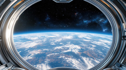 Fototapeta premium stunning view of Earth from spacecraft window, showcasing clouds and stars