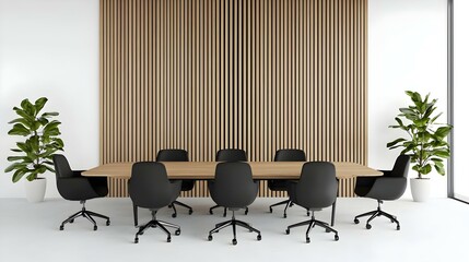 Modern Conference Room with Wooden Table and Black Chairs