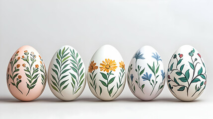 Fototapeta premium Five Decorated Easter Eggs With Floral Patterns Displayed on a White Surface