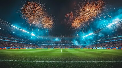 An electrifying celebration lights up the stadium as fireworks illuminate the night sky, capturing the excitement of the audience below.