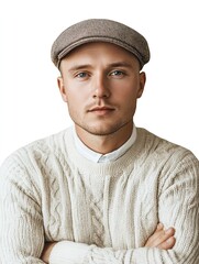 Stylish Man in Light Sweater and Newsboy Cap Perfect for Fashion Editorial and Lifestyle Projects