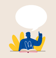 Man giving advice. Speech bubble above. Colorful vector illustration