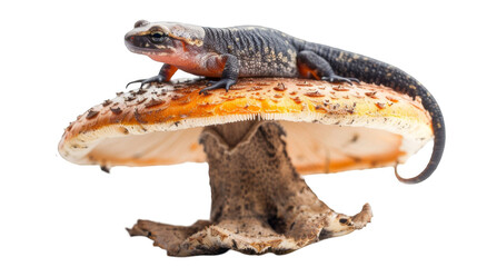 Obraz premium Newt resting gracefully on a vibrant mushroom cap in a tranquil woodland setting