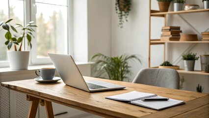 Modern home office setup with laptop, notebook, and coffee cup on wooden desk, symbolizing hybrid work. Minimalist decor with copy space, ideal for remote work and productivity concepts.