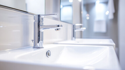 Fototapeta premium Modern chrome faucet and sink in contemporary bathroom with minimalist design
