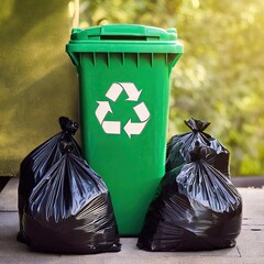 garbage bags near green trash can with a recycling sign on