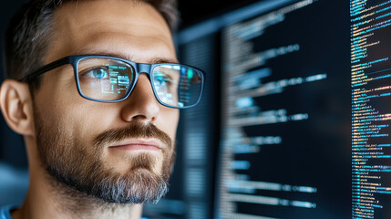 Focused programmer analyzing code on multiple screens with reflections