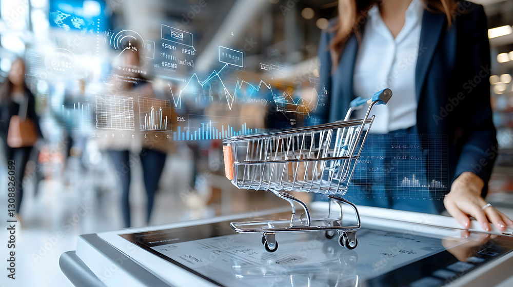 Poster shopping cart interaction retail store digital interface modern environment close-up view e-commerce