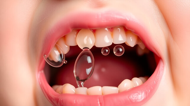 profuse salivation in infants from the mouth. The process of formation and eruption of teeth, close-up