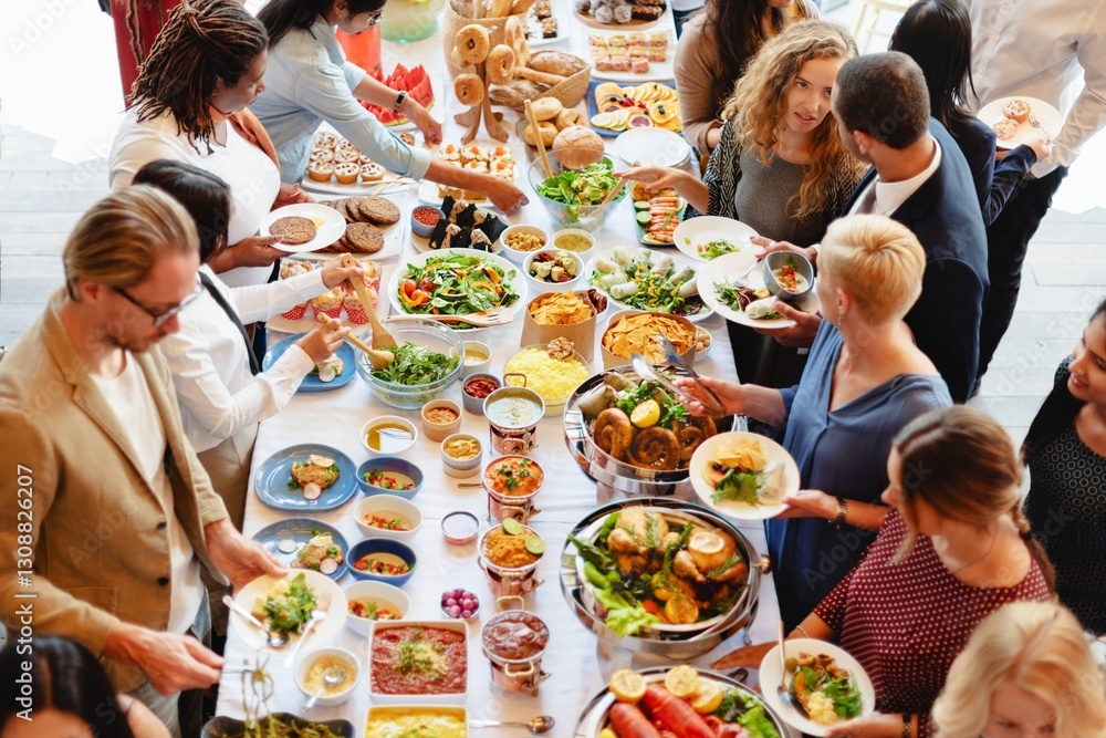 Aufkleber a diverse group of people enjoying a buffet. the buffet features salads, bread, and colorful plates.