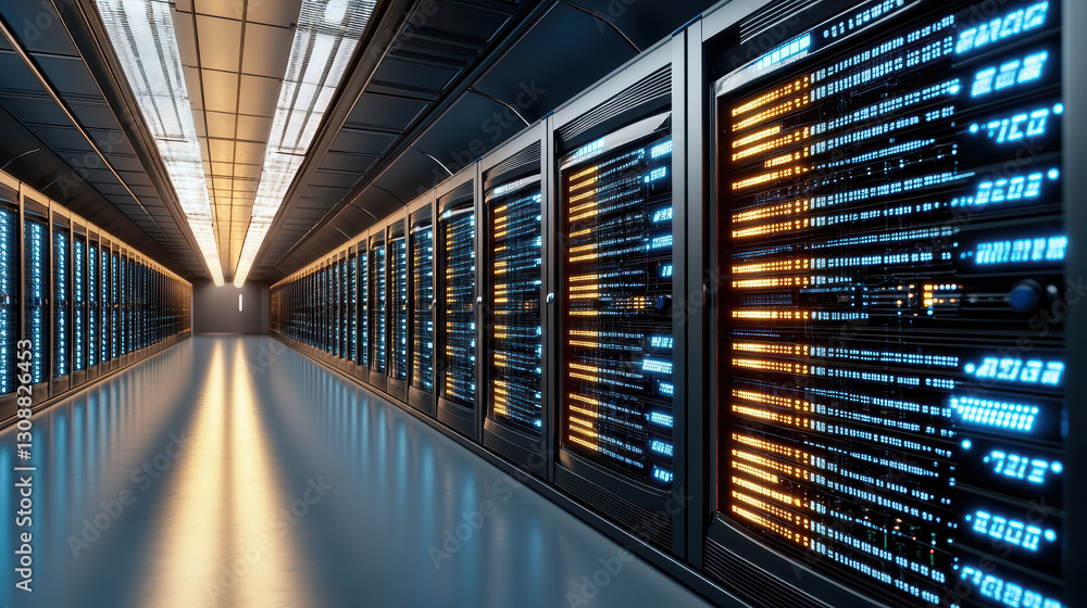 Aufkleber high tech data center with illuminated server racks and cables