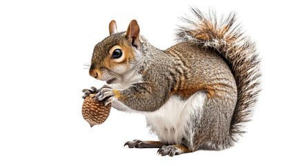 Curious squirrel munching on an acorn with fluffy fur and a curled tail in a serene setting