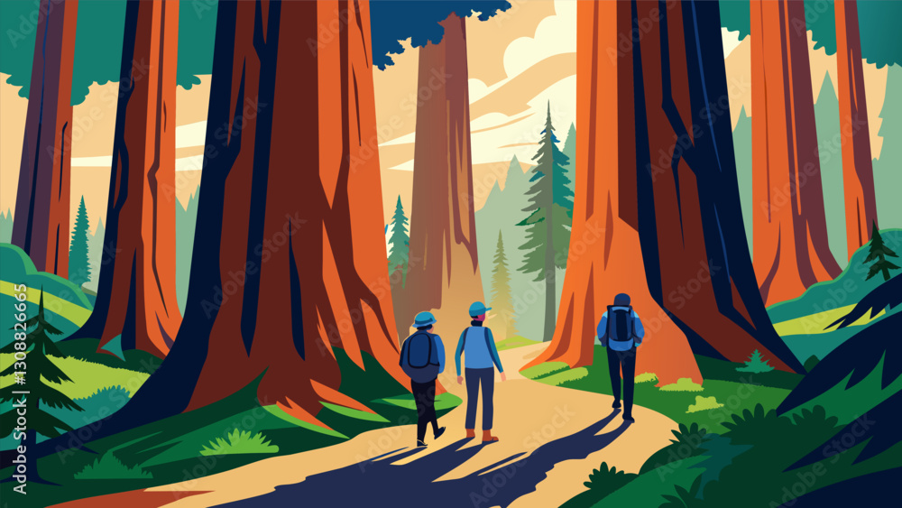 Poster the temperature drops as the hikers enter a grove of towering redwood trees marveling at the size an