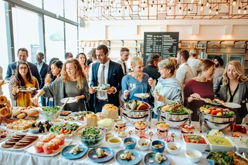 A diverse group of people, including women and men of various ethnicities, enjoy a buffet at a...