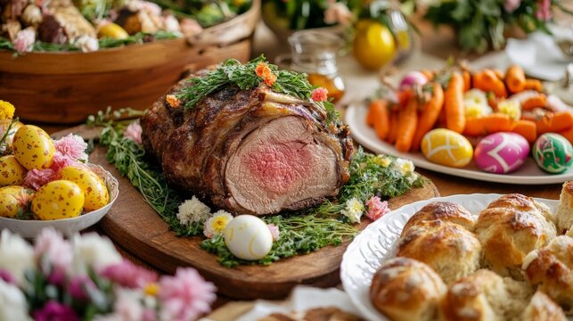 Festive easter feast with roast lamb, decorated eggs, and fresh vegetables