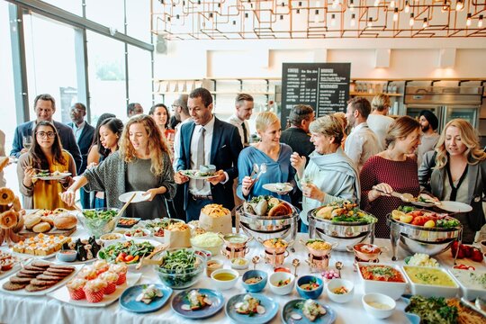 A diverse group of people, including women and men of various ethnicities, enjoy a buffet at a social event with conversation while selecting delicious food options. Corporate event with buffet