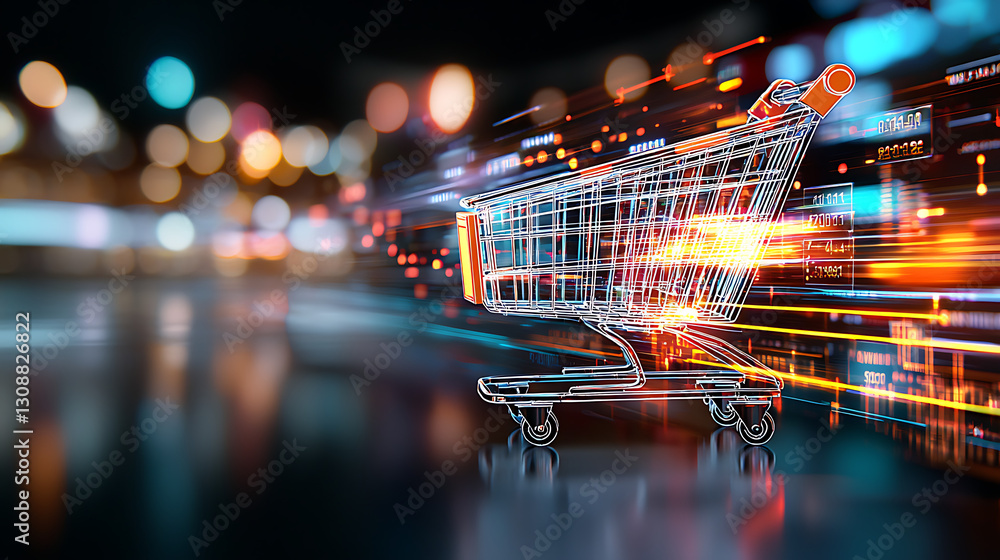 Poster dynamic shopping experience virtual marketplace digital art futuristic environment close-up view e-c
