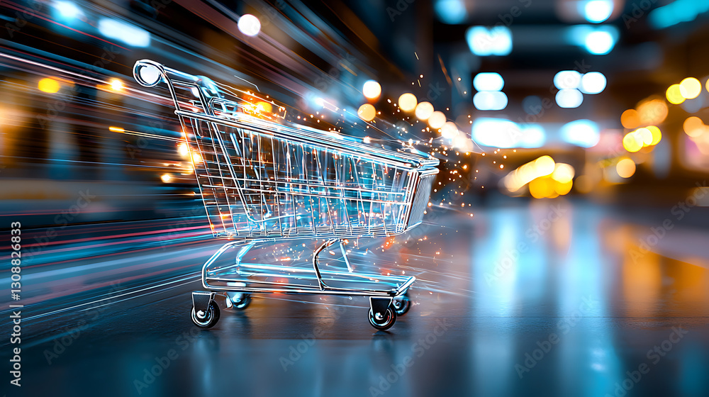 Poster dynamic shopping cart in motion modern retail space digital image urban environment close-up view e-