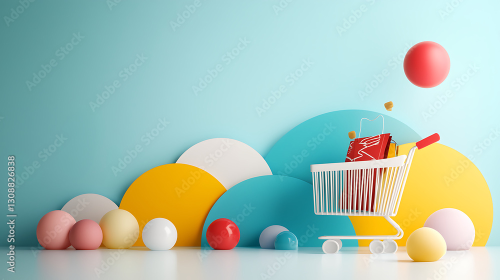 Poster Shopping cart display with colorful background studio setting digital art whimsical environment creative perspective