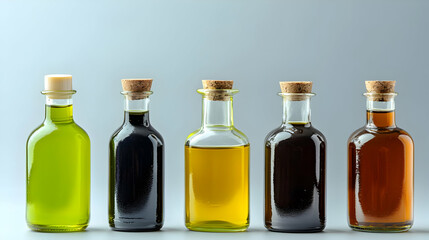 Five Assorted Glass Bottles Containing Various Oils And Vinegars Arranged Against A Light Gray Background