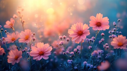 Obraz premium Pink cosmos flowers blooming in meadow at sunset