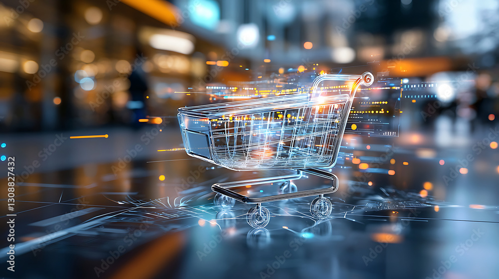 Poster digital shopping cart revolutionizing business operations in urban environments futuristic visualiza