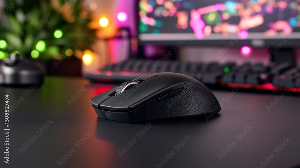 Aufkleber close-up of a black wireless computer mouse on a desk with keyboard and monitor in background.