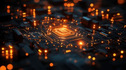 Detailed circuit board with glowing central chip,  abstract technology background