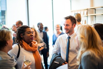 Group of diverse people networking at an event. Smiling individuals, including a Black woman and a...