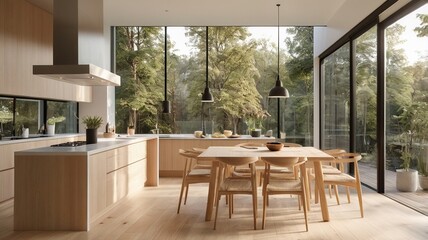 Obraz premium Modern Rustic Kitchen with Panoramic Forest Views