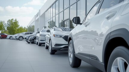 Row of sleek modern cars parked outside an automotive dealership on a sunny day.