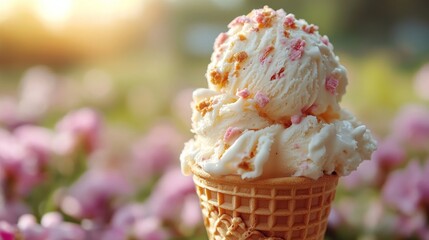 Sundrenched ice cream cone with sprinkles in park