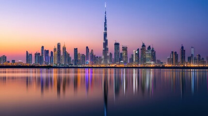 Naklejka premium Dubai Skyline at Sunrise Reflection