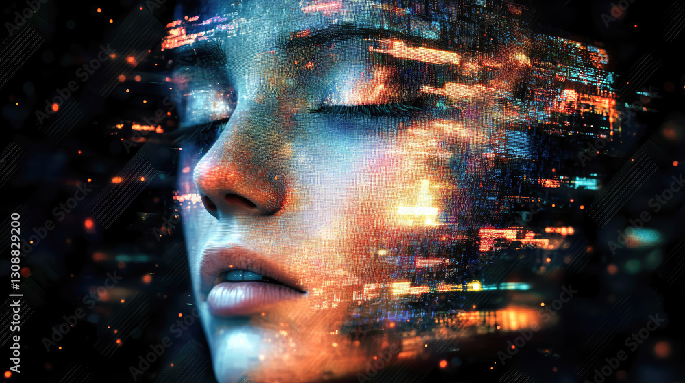 Poster an engaging close-up of a face where vibrant data streams and luminous patterns interplay, symbolizi