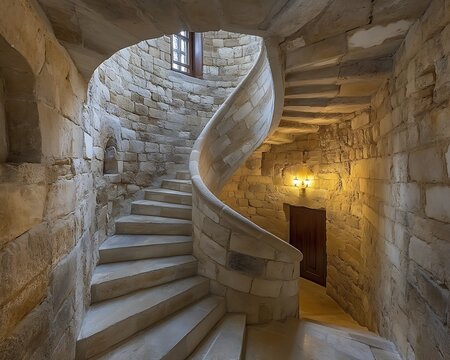 Stone spiral steps ascend in castle interior