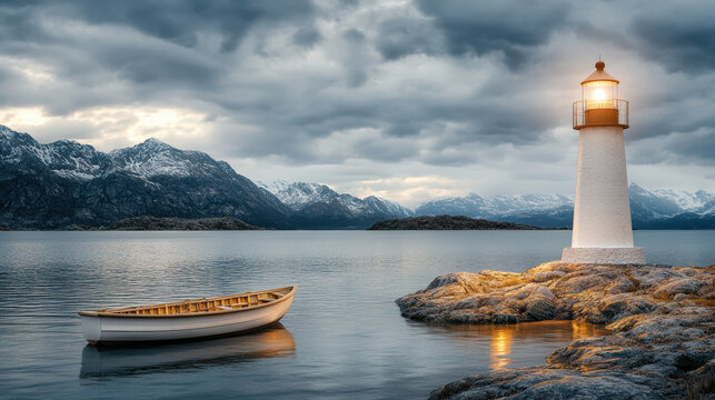 lighthouse on rugged coastline, glowing warmly in evening light