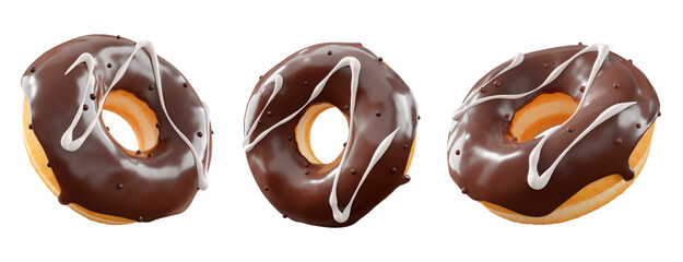 Donuts with chocolate glaze, sprinkles, white drizzle, and dots isolated on white transparent background. 3d rendering and illustration of dessert variety