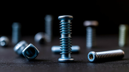 Close Up Focus on a Metallic Blue Screw with Other Metal Hardware on a Dark Surface