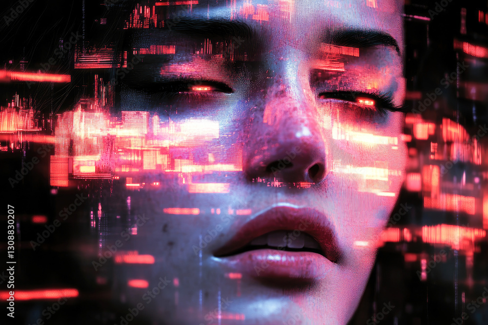 Poster this stunning image features a digital portrait with vibrant abstract patterns, blending the human f