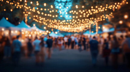Blurry image of a festival with various market stalls and people walking around. Ai generated.