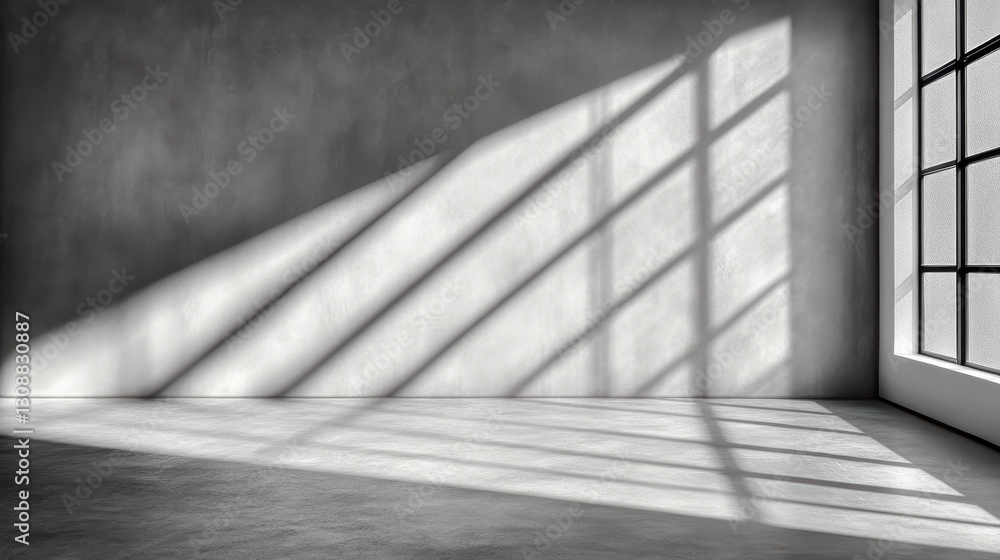Poster minimalist interior with shadows cast by large windows, creating moody atmosphere