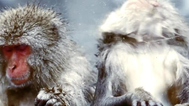 Japanese snow monkeys or macaques sitting in hot water at Jigokudani zoo during winter time while one monkey shakes its head in slow motion making water fly from his wet fur. Steamy water seen behind.
