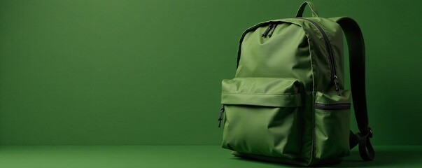 Close-up shot of army green backpack with multiple compartments, rucksack, white