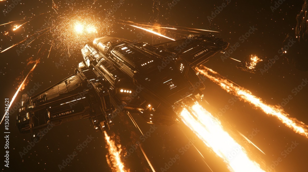 Poster futuristic spaceship firing lasers in space