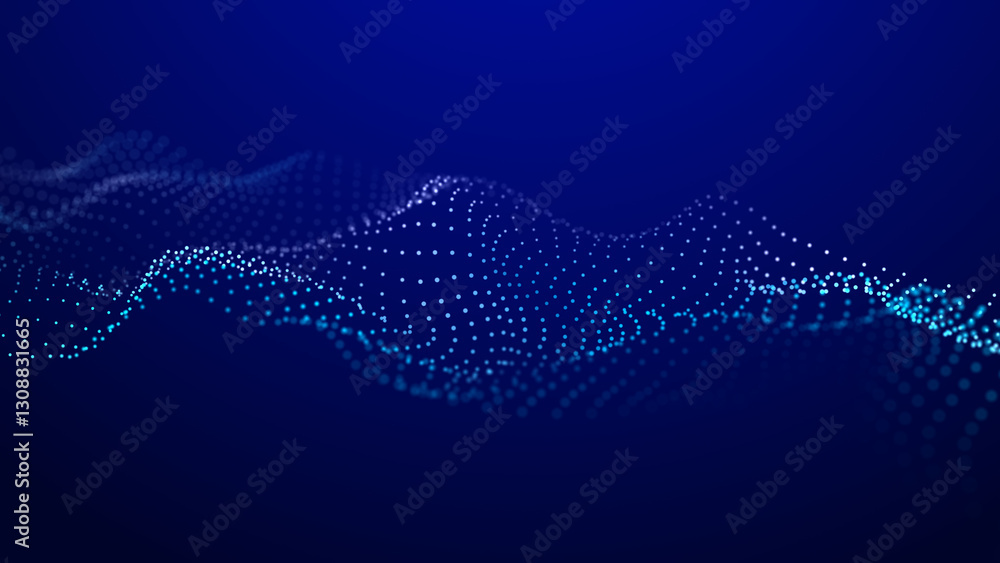 Poster Futuristic wave of dots with moving particles. Abstract technology background. 3D visualization of big data. 3D rendering.