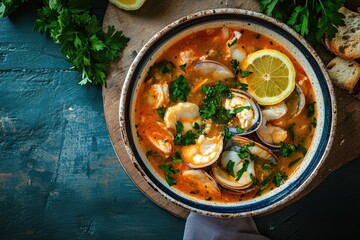 Modern style of traditional Spanish seafood zarzuela de pescado with fish, king prawns and blue mussels served in red sauce with lemon and herbs, top view in designer pot with copy space