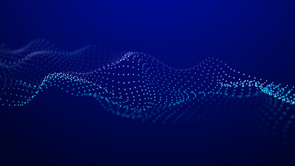 Futuristic wave of dots with moving particles. Abstract technology background. 3D visualization of big data. 3D rendering.