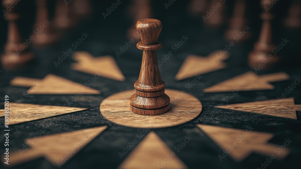 Poster wooden chess piece centered on circular wood design with arrow patterns in background for game strat
